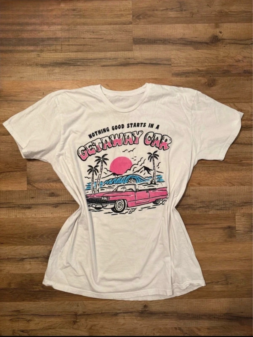 Source Unknown White Short Sleeve Tee with Pink "Getaway Car" Graphic